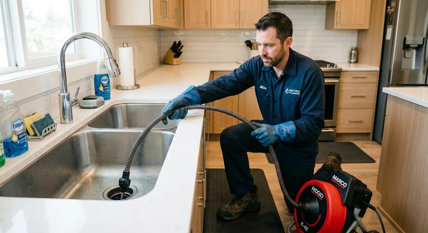 Drain cleaning technician using a motorized snake on a kitchen sink in Princeton