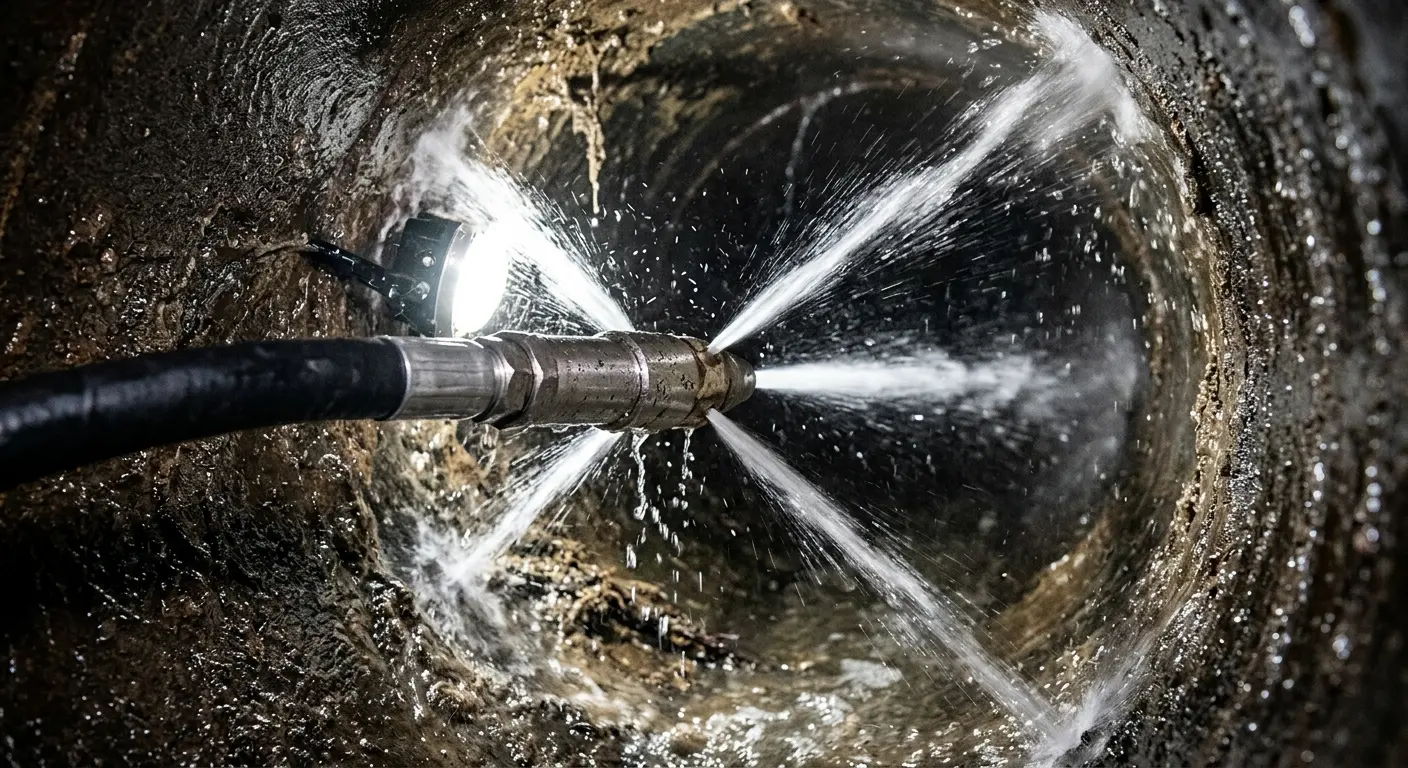 High-pressure hydro jetting nozzle cleaning sewer pipe for Sewer Cleanout in Princeton